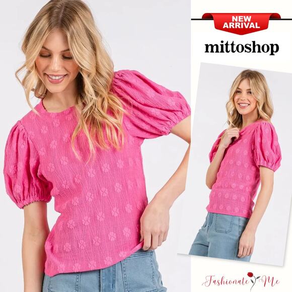 Mittoshop Flower Stamp Pattern Round Neck Puff Sleeves Texture Knit Top | Pink - Picture 1 of 5